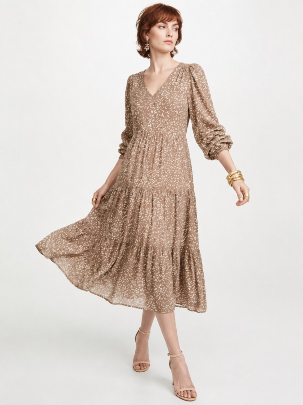 Floral Neutral Brown Long Sleeve Dress S/M